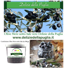 Carica l&#39;immagine nel visualizzatore di Gallery, Olive nere sotto Sale dalla Puglia, una oliva da tavola con nocciolo, tipica della zona di BARI e BAT, ottime se mangiate da sole con del pane casereccio, ideali, anche, per cucinare pietanze.
