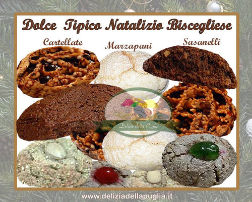 ecco i Dolci tipici pugliesi le Cartellate in vincotto i Marzapani e Sasanelli pezzetti dolci Delizie della Puglia
