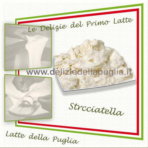 Stracciatella fresca Pugliese è Formaggio fresco a pasta filata morbida e cremosa con aggiunta di panna, dal sapore dolce e delicato vera Delizia della Puglia.