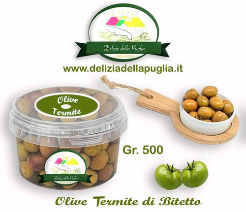 Le Olive Baresane Termite di Bitetto in salamoia da 500 gr. vere Delizie della Puglia direttamente a casa tua