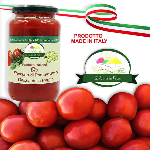 La passata di Pomodoro biologico solo con Pomodori della Puglia, sugo di pomodori Pugliesi Bio una vera Delizia della Puglia