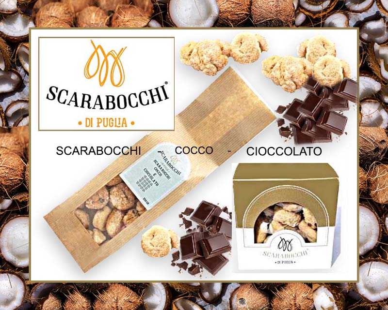 Scarabocchi di Puglia al Cocco e Cioccolato Lavorati con maestria prodotti da forno semplici e genuini trasformandoli in sfiziose specialità da forno dolci e salate della terra di Puglia da S&C FOOD Srl